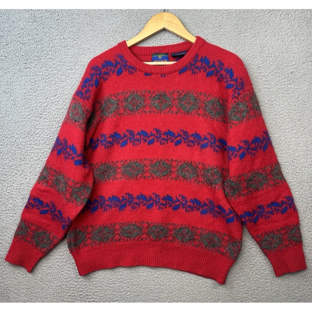 Vintage 80s Woodward Mens Shetland Wool Sweater Large Red Fair Isle